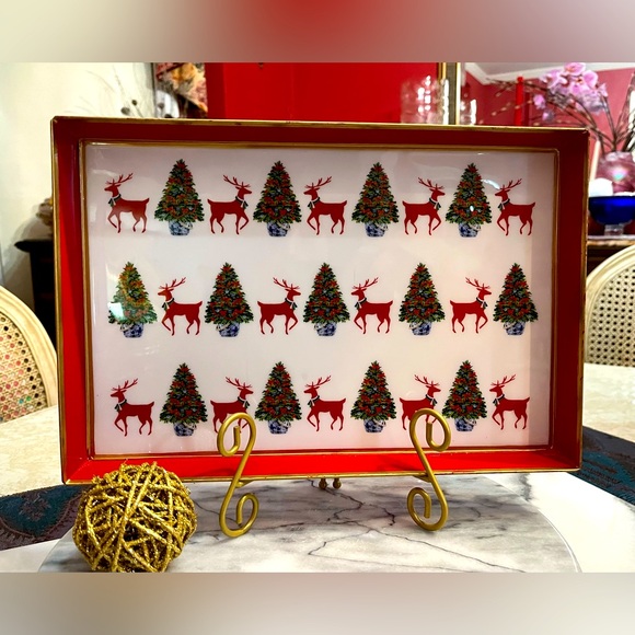 Jaye's Studio + WH Hostess Reindeer Enameled Tray w gold feet & edging Xmas - Picture 1 of 12